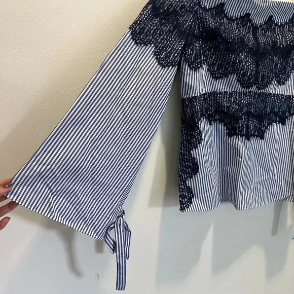 Tanya Taylor Pinstriped Off the Shoulder Lace Isadora Poplin Top - Picture 4 of 12